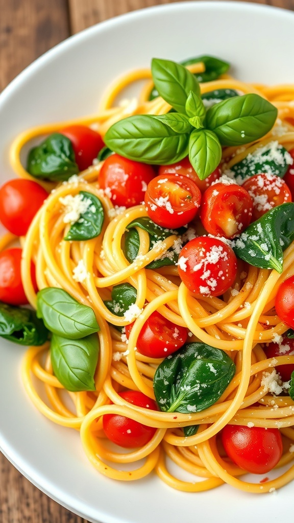 Quick and Easy Pasta Recipe A colorful plate of spaghetti with cherry tomatoes and spinach, topped with Parmesan cheese and basil.